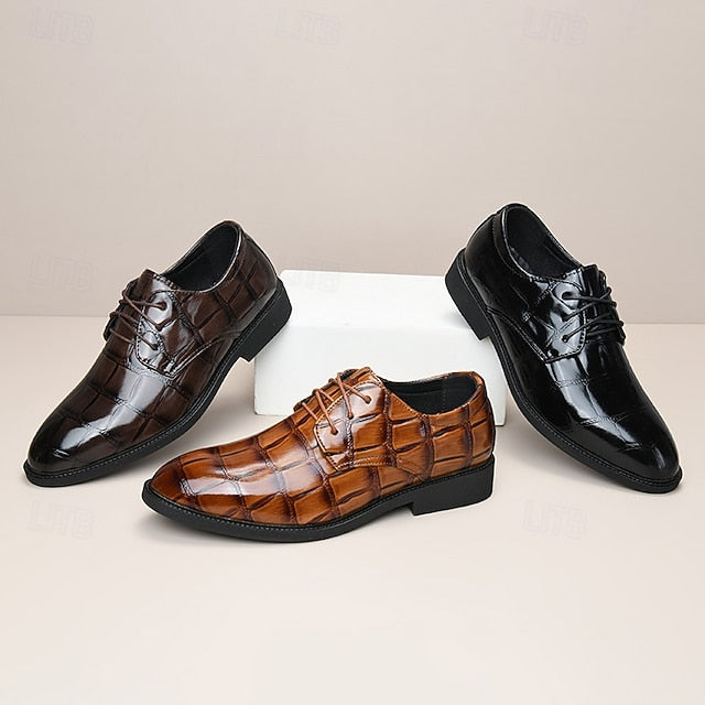 Crocodile-Pattern Brown Leather Shoes Men's