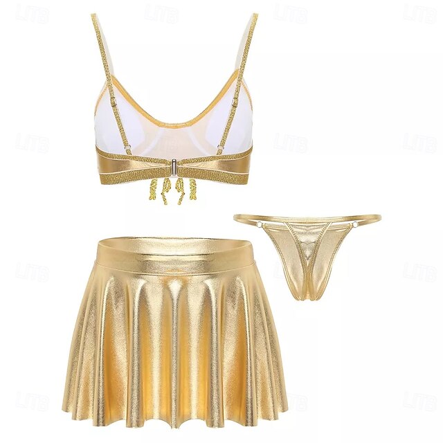 Retro Vintage 1980s Rave Skirt Outfits Crop Top Disco Shiny