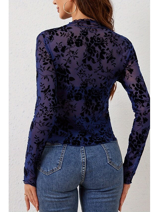 Women's Blouse Mesh Plain Stylish Long Sleeve High Neck