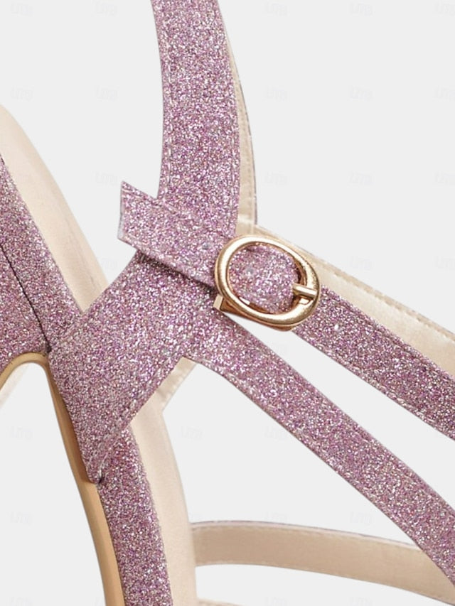 with Glitter High Platform Heel Women's Sandals Ankle Strap