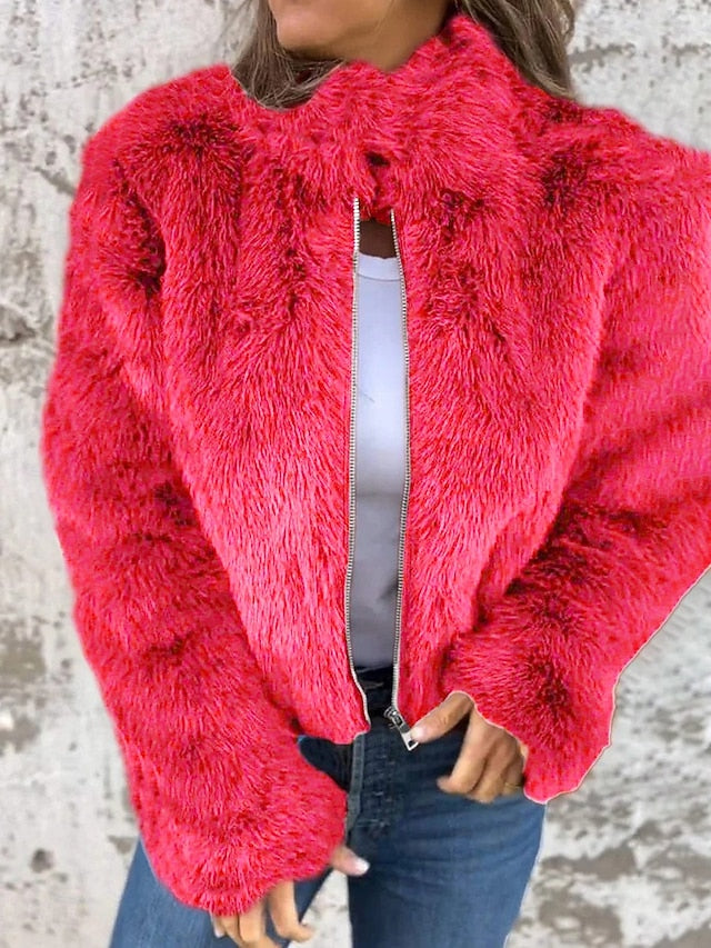 Faux Casual Warm Plain Coat Women's Fur Zipper Breathable