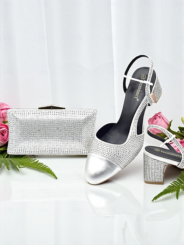 Block and - Heel Sandals Set Gold Clutch Women's Matching