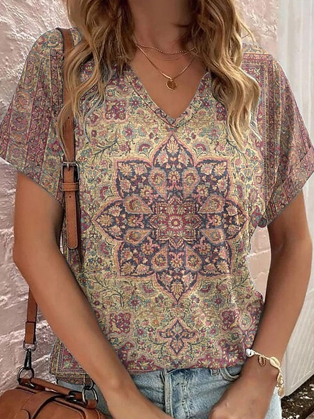 Women's T Shirt Print Graphic Geometric Paisley Vintage
