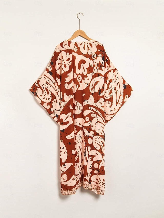 Boho Paisley Print Midi V-Neck Chiffon Kaftan