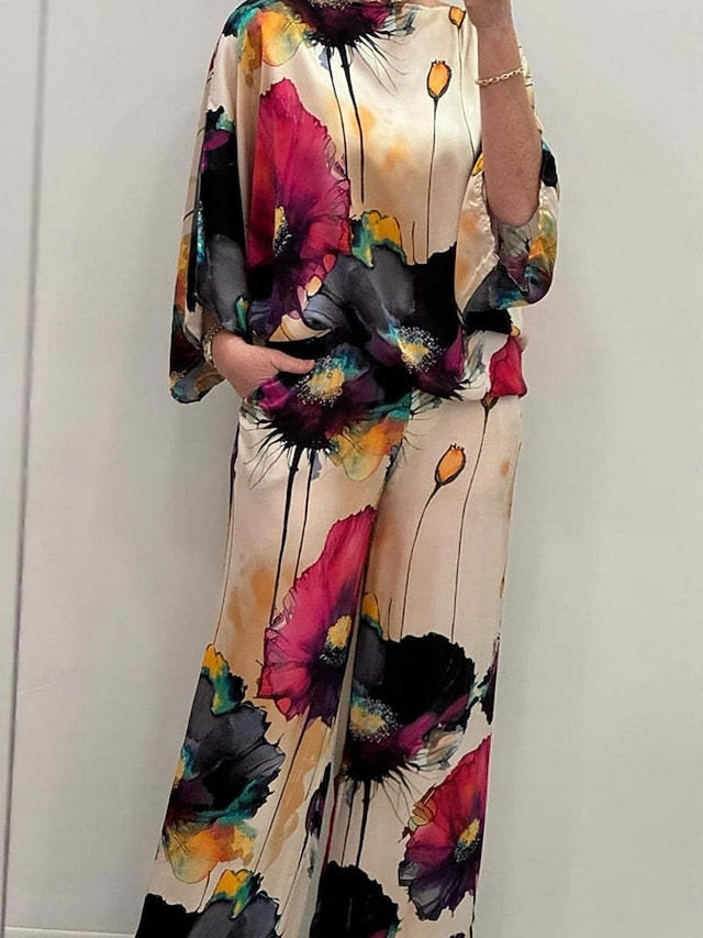 Women's Shirt Blouse Wide Leg Pants Long Sleeve Crew Neck