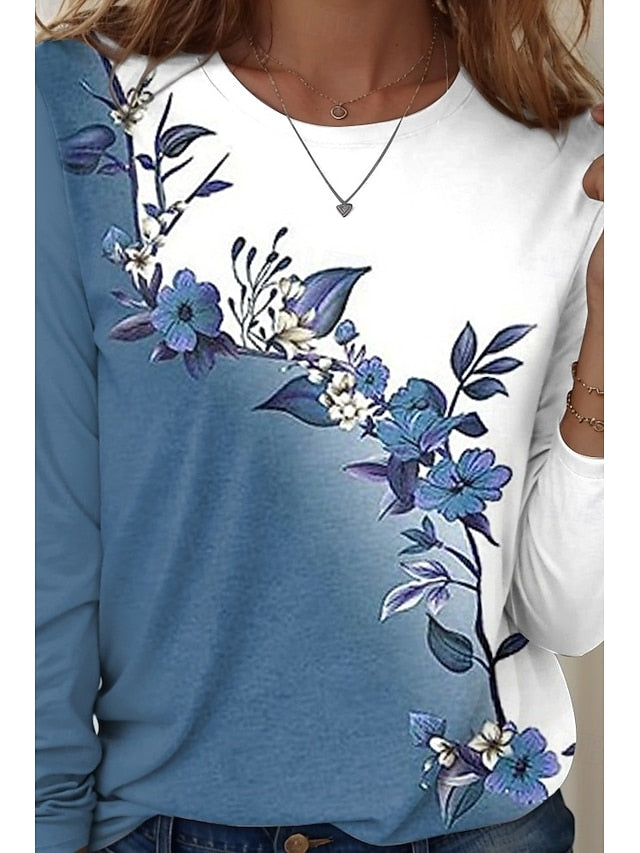 Women's T shirt Crew Neck Long Sleeve Tunic Floral Graphic