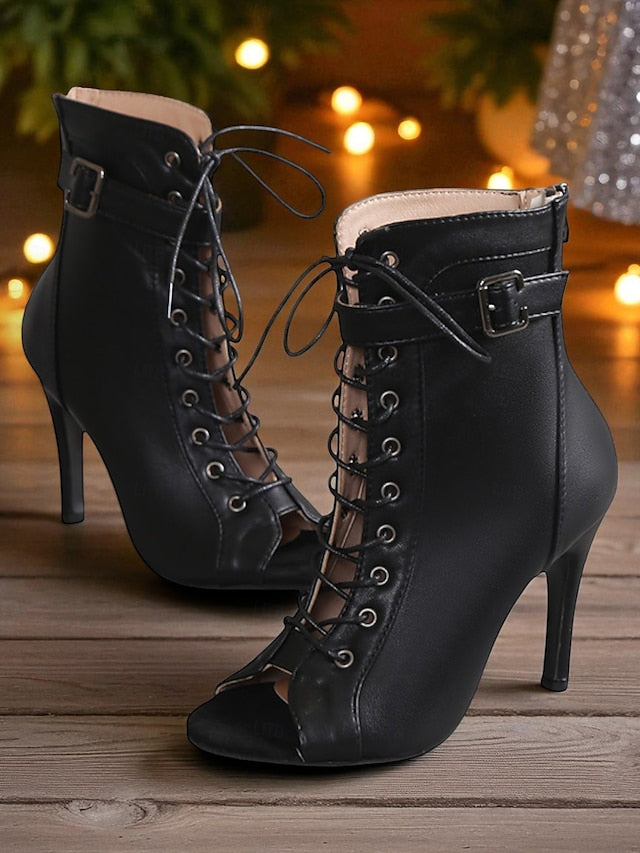 High Heel Women's - Toe Black Stiletto Lace-Up Peep Booties