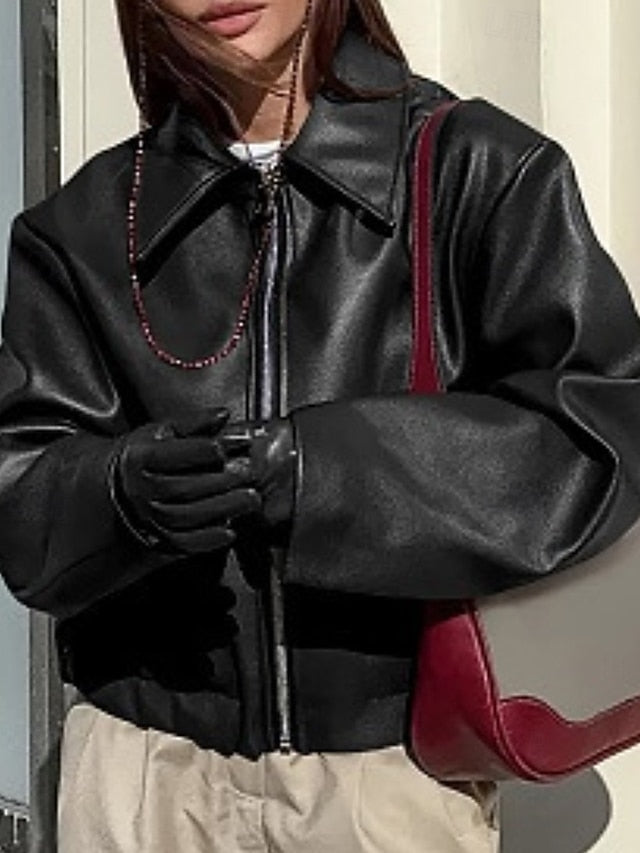 Warm Pocket Faux Leather Comfortable Zipper Jacket Women's