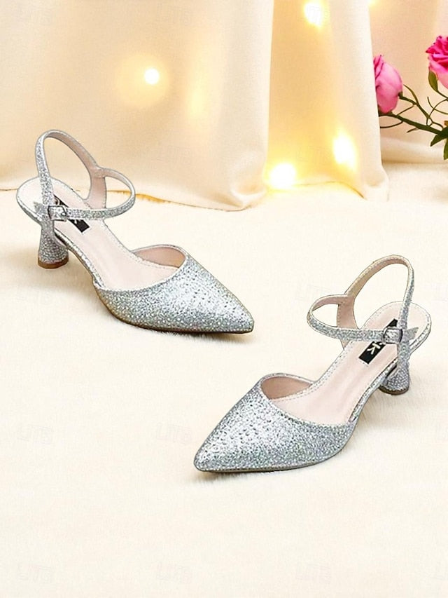 Women's Red Toe Rhinestone Pointed Heels Slingback
