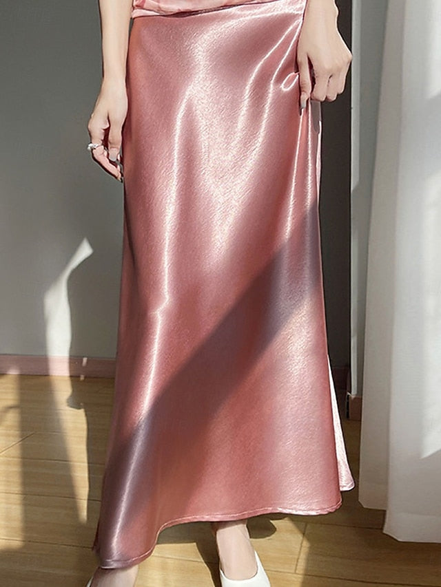 Women's Satin Skirts Elegant Vintage Fashion Casual Midi