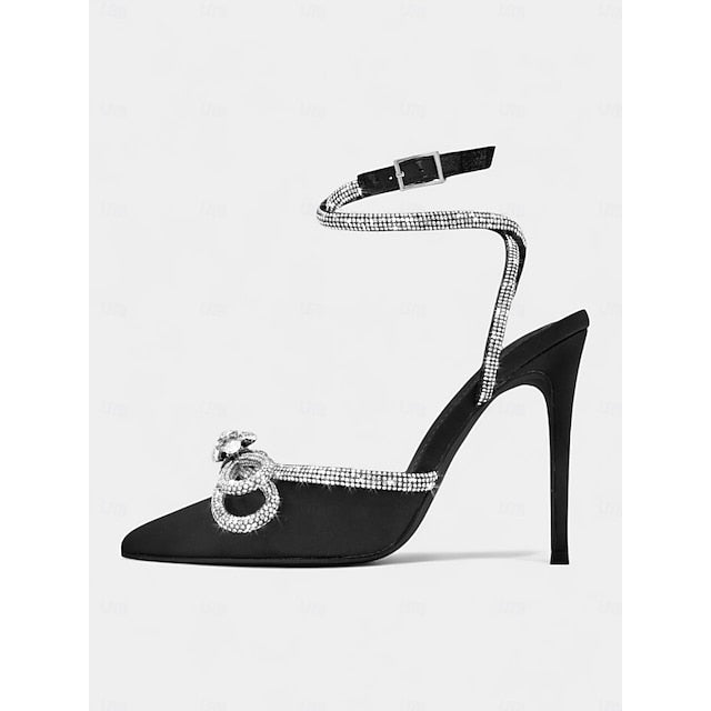 Satin Black Women's Stiletto with Heels Rhinestone Bow and