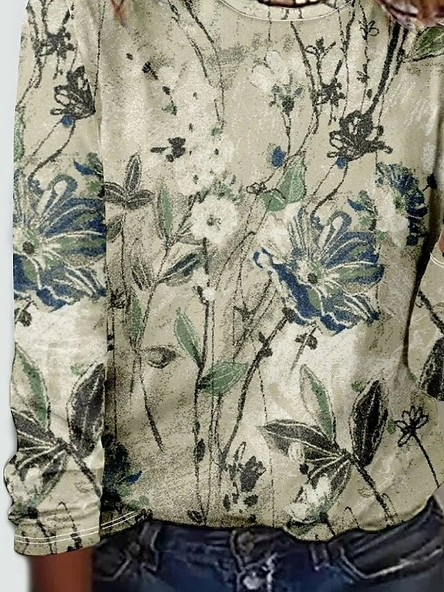Women's T shirt Crew Neck Long Sleeve Tunic Floral Plants