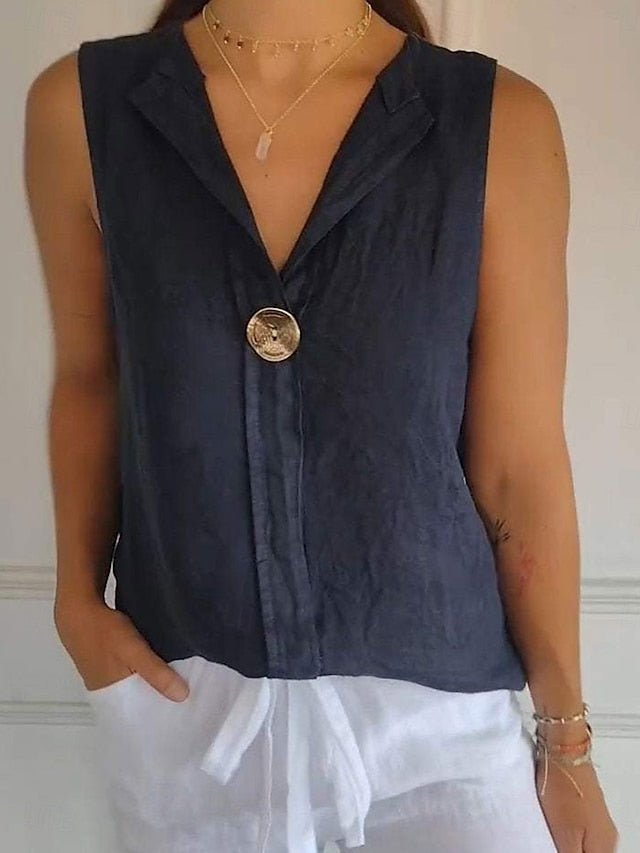 Women's Shirt Button Up Blouse Faux Cotton Linen Solid