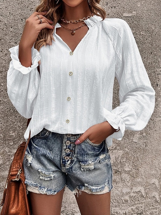 Women's Shirt Blouse Eyelet Buttons Solid Color Stylish