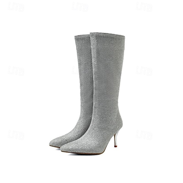– Women's Elegant Stiletto Sparkly Knee-High Boots