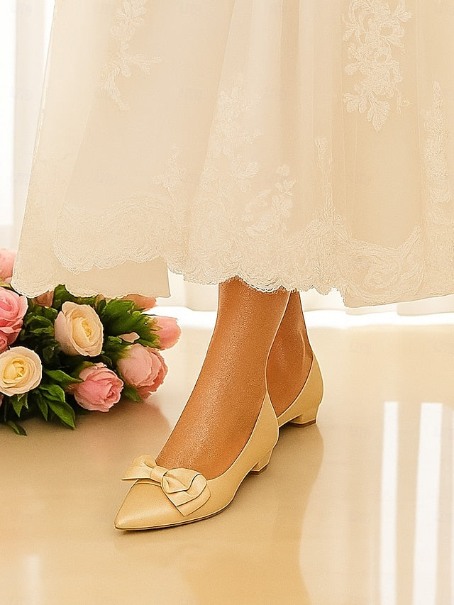 Women's Pointed Satin Bow Green - Flats Toe Elegant