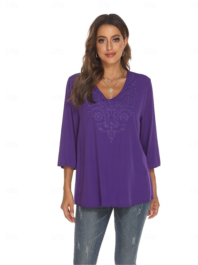 Women's Boho Shirt Embroidered Floral Bohemia Casual 3/4