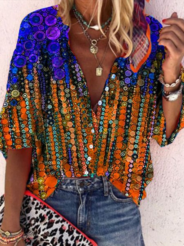 Women's Blouse Buttons Print Graphic Paisley Color Block