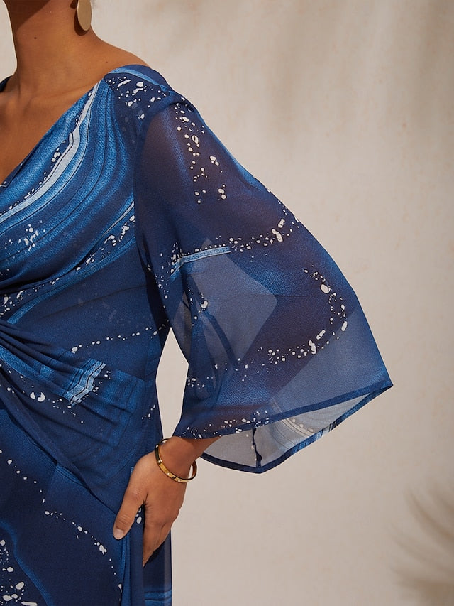 Women's Maxi Dress Blue Galaxy Gradient Print V Neck Front