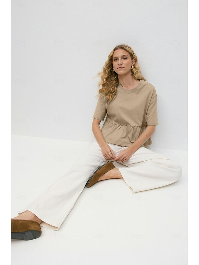 Women's Cotton Shirt Pleats Classic Casual Short Sleeve