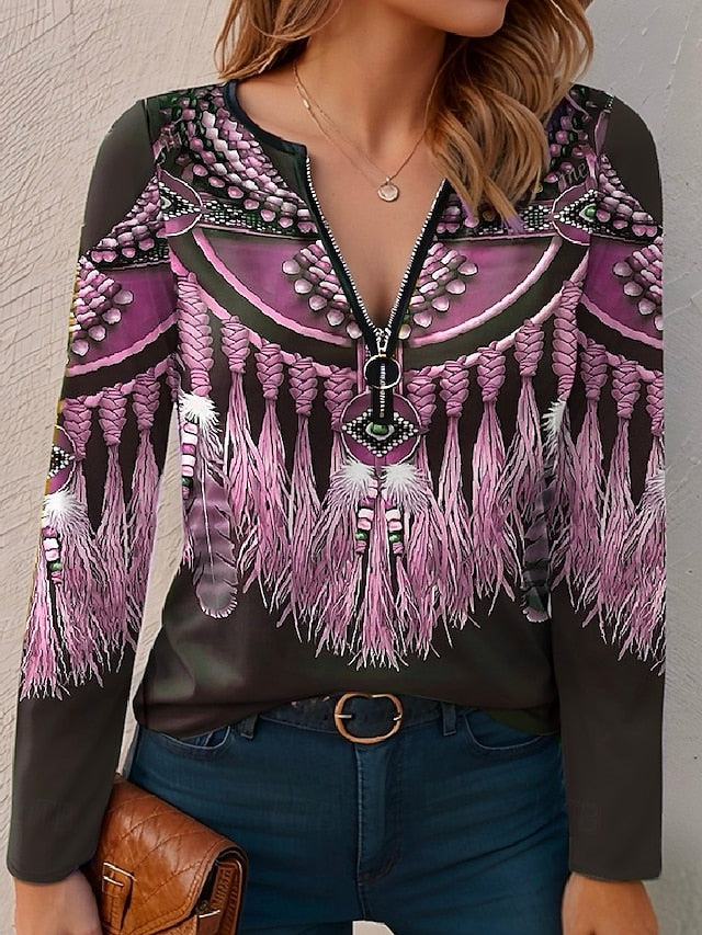 Women's T Shirt Quarter Zip Long Sleeve Casual Graphic V