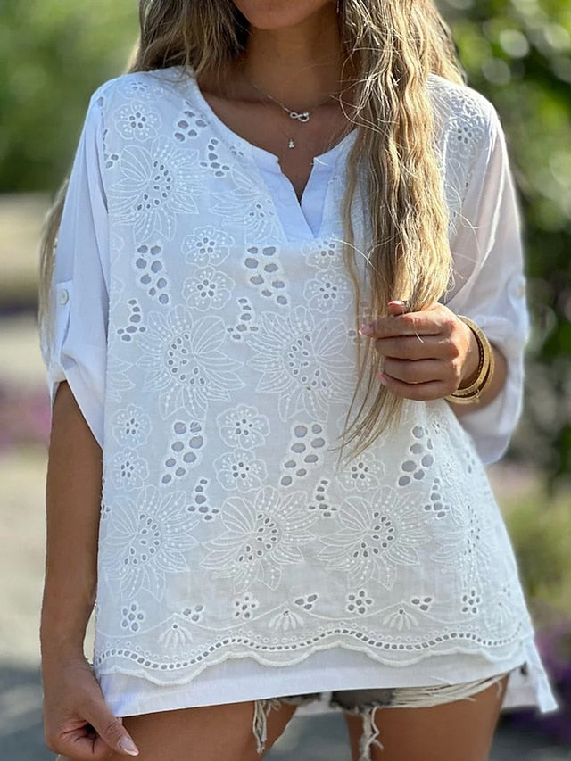 Women's Eyelet top White Cotton Blouse Dressy Tops Faux
