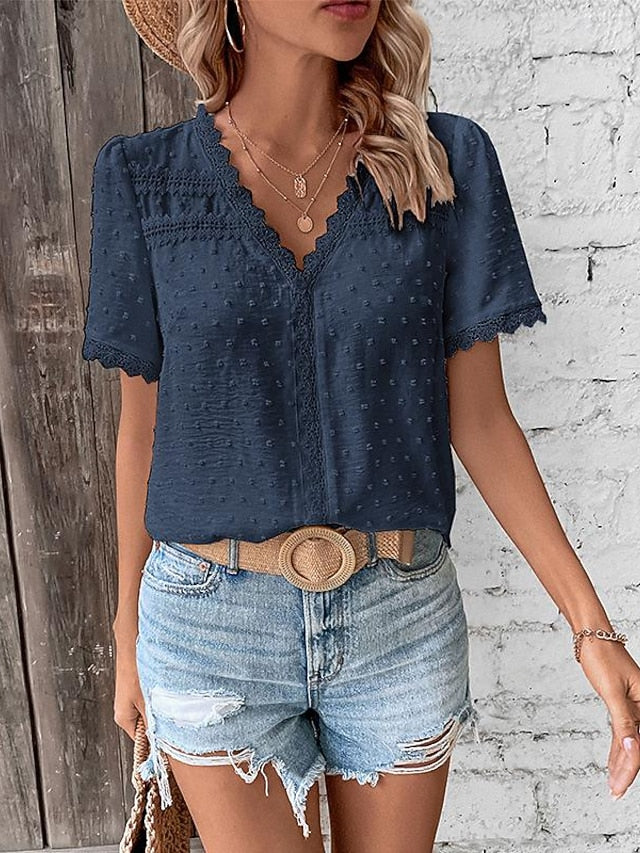 Women's Shirt Blouse Casual Lace Short Sleeve Regular Tops