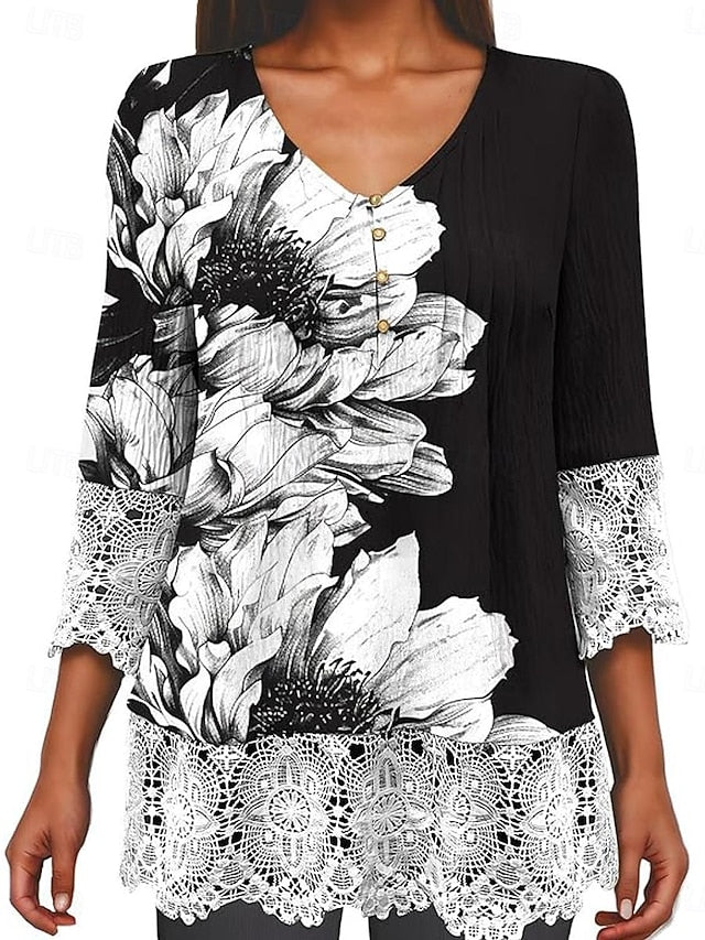 Women's Boho Shirt Tunic Lace Buttons Ombre Floral Stylish