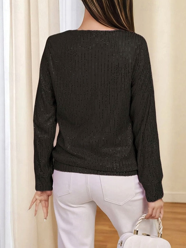 Women's T Shirt Tee Top Sequins Quarter Zip Plain Fashion