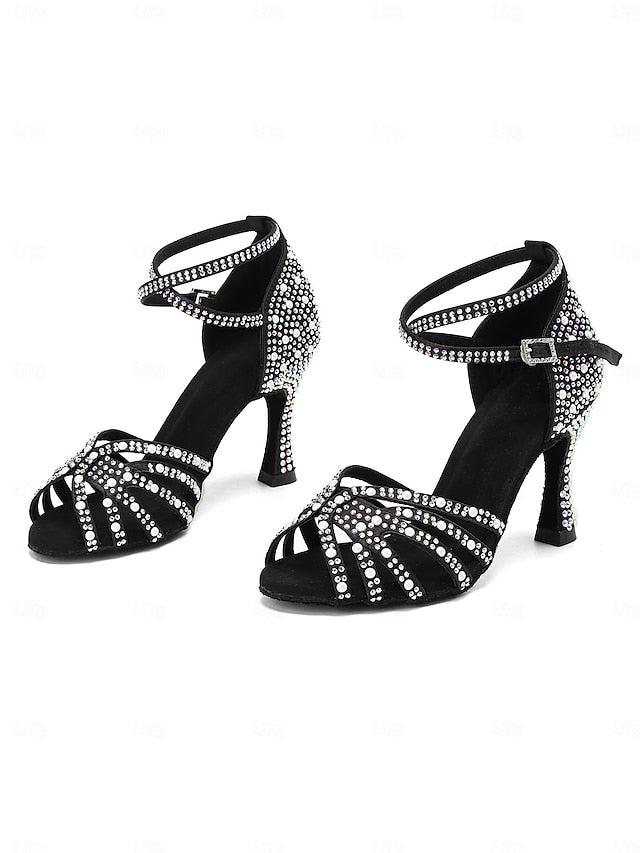 Sandals High Heel Tan Rhinestone-Embellished with Dance Latin