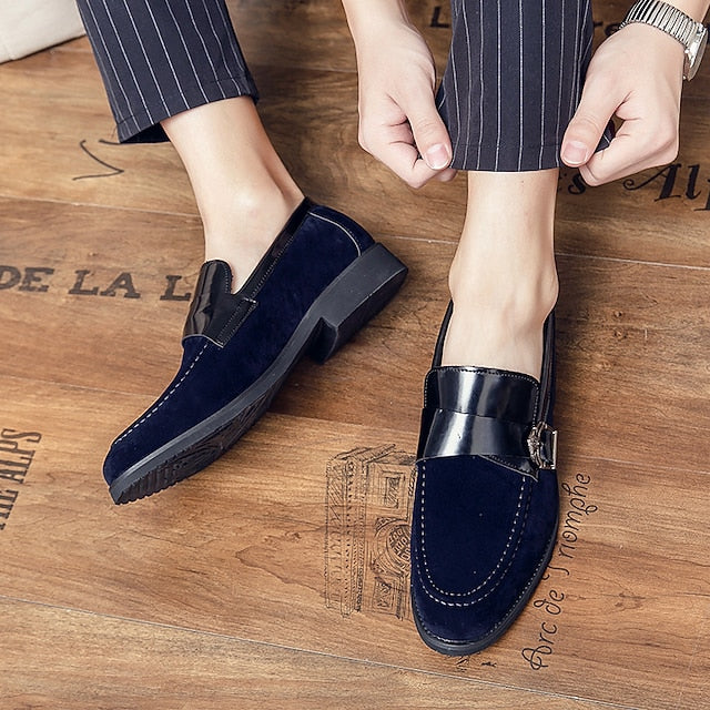 with Strap Metal Loafers Men's Patent Suede Leather and