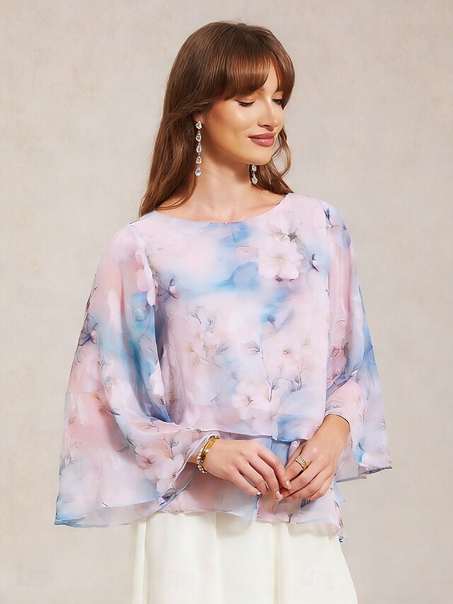 Women's Sheer Blouse Chiffon Tops Layered Floral Elegant