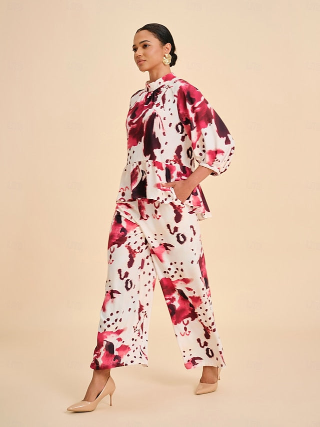 Women's Blouse Wine Abstract Print Standing Collar Casual