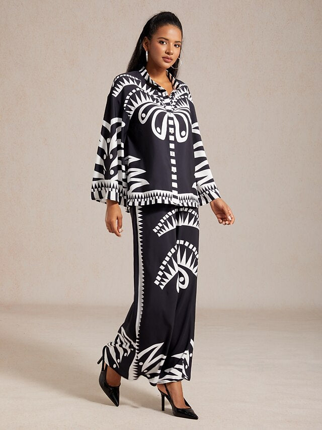 Women's Pants Black Floral Print Straight Leg Satin