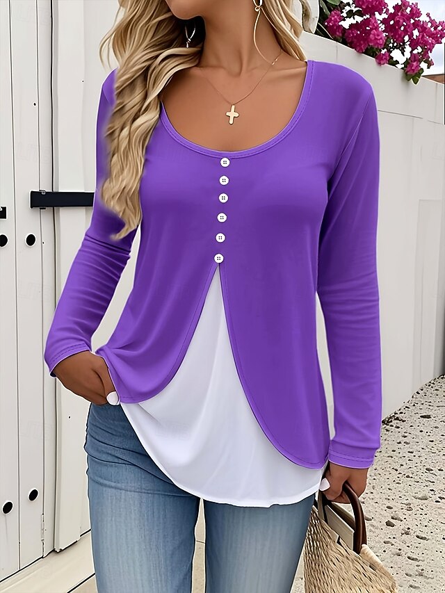 Women's T Shirt Buttons Print Tiered Solid Color Color