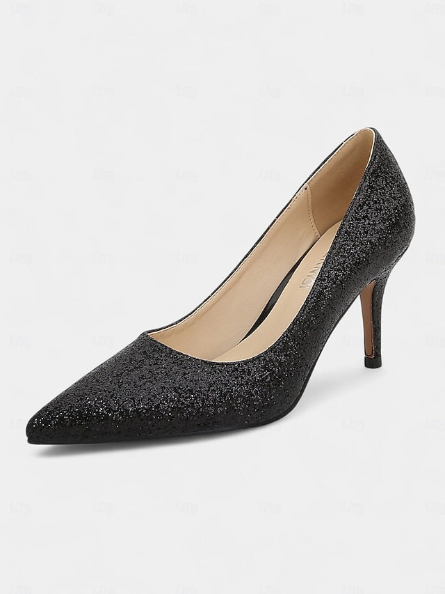 Women's Stiletto Sparkly Pumps Gold Pointed-Toe Glitter -