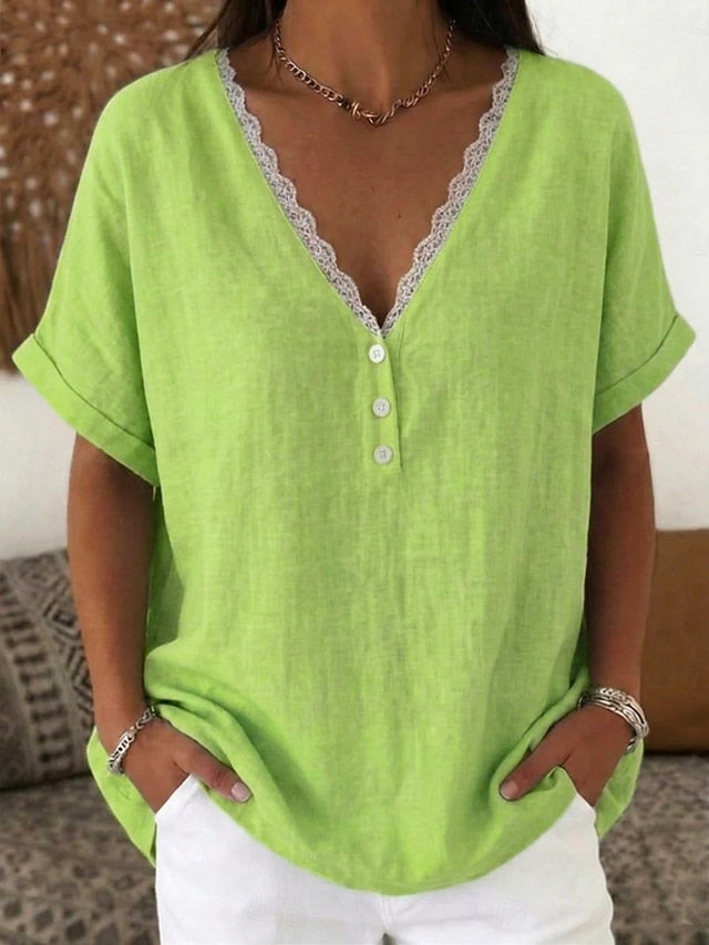 Women's Blouse Faux Linen Shirt Lace Patchwork Buttons