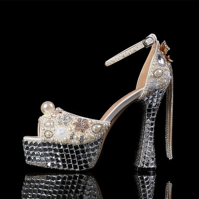 and Platform Rhinestone Women's White Embellished Pearl