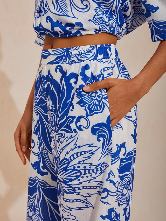 St Barth Blooms Airy Linen Look Blue Wide-Leg Pants
