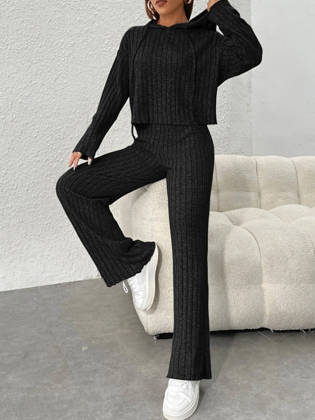 Women's Pants Sets Bolero Top Long Sleeve Hooded Solid