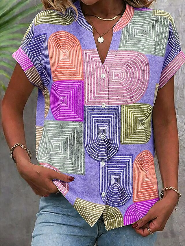 Women's Blouse Buttons Print Graphic Geometric Vintage