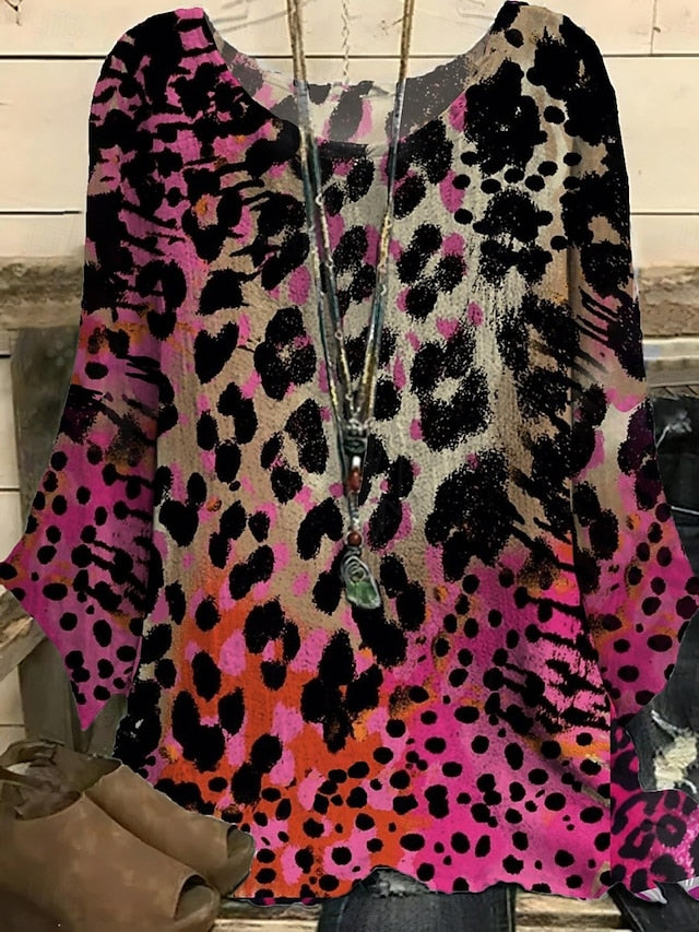 Women's Shirt Print Leopard Stylish 3/4 Length Sleeve Crew