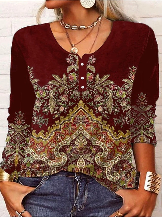 Women's T Shirt Buttons Print Floral Fashion Long Sleeve