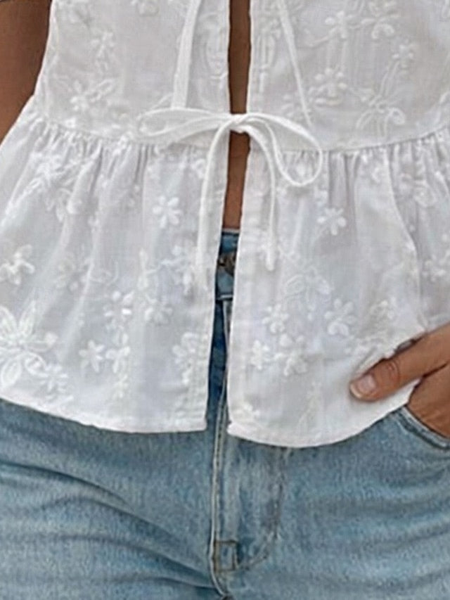 Women's Blouse Lace Solid Color Stylish Casual Short Sleeve