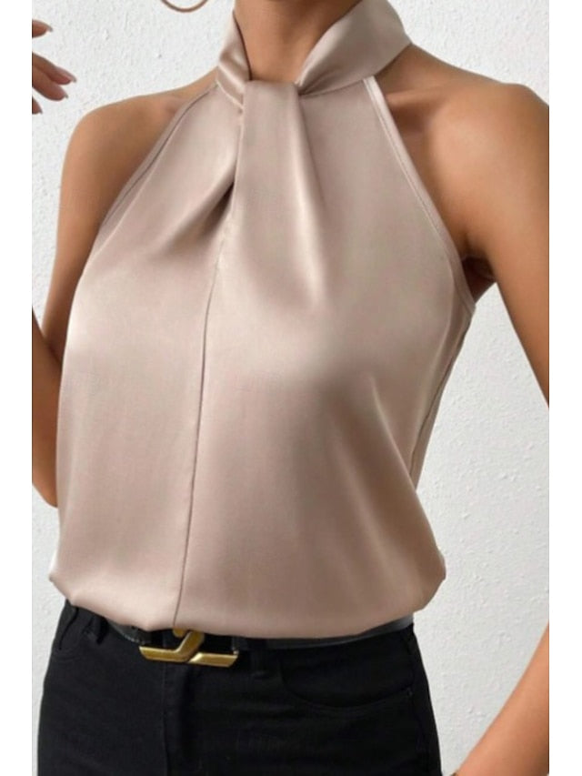 Women's Elegant Satin Top Blouse Silky Tops Ruched Plain