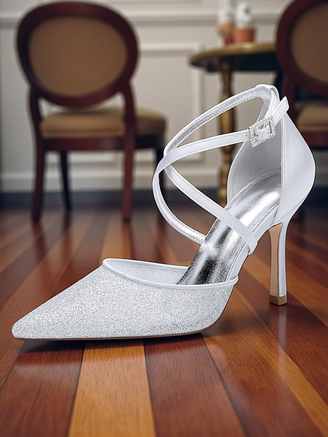 Heels Stiletto Elegant Women's Ankle Silver Strap - Glitter