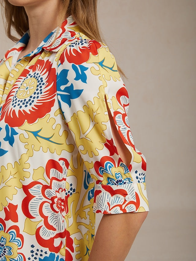 Vacation Satin Yellow Floral Print Shirt Mini Dress