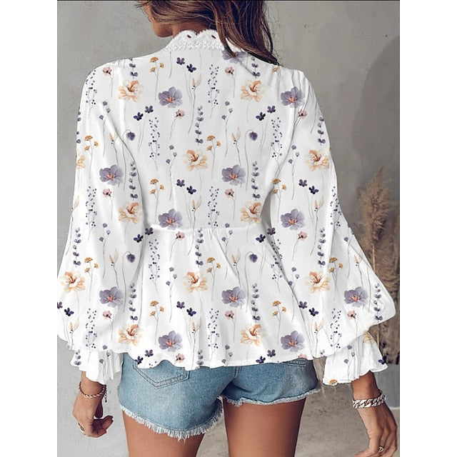 Women's Blouse Lace up Lace Floral Stylish Casual Long