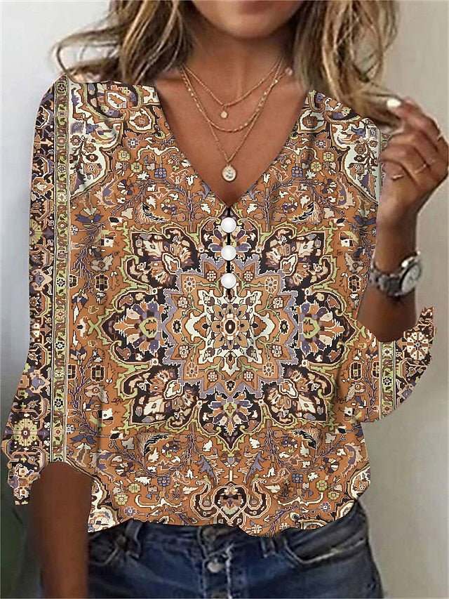 Women's T Shirt Henley Shirt Buttons Print Floral Vintage