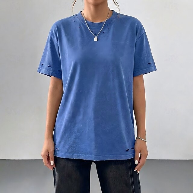 Women's T Shirt 100% Cotton Vintage Washed Tops Cut Out